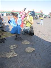 The snake charmer throws the snakes around my neck